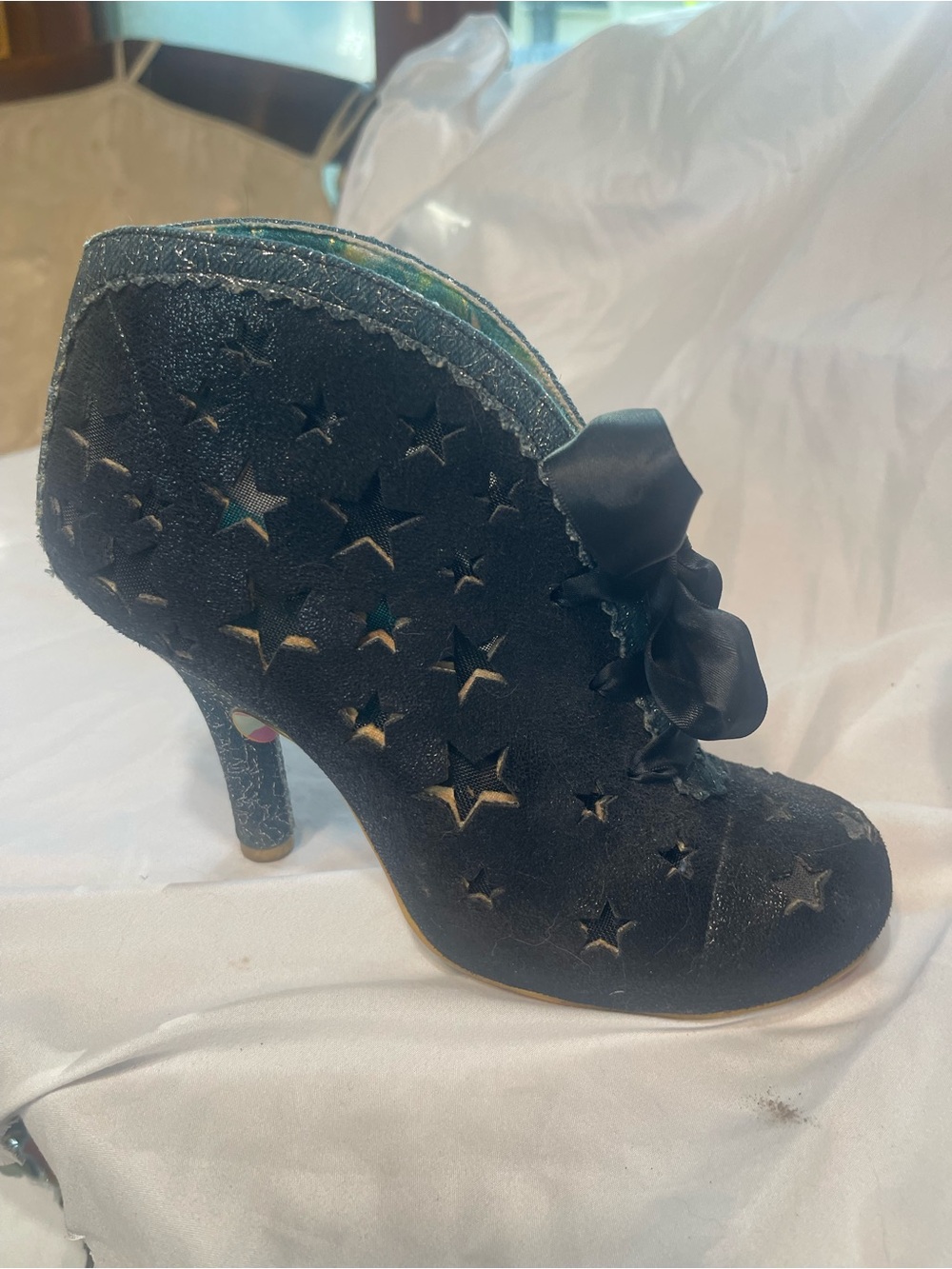 Irregular Choice Black Star Cutout Suede Ankle Bootie with Ribbon